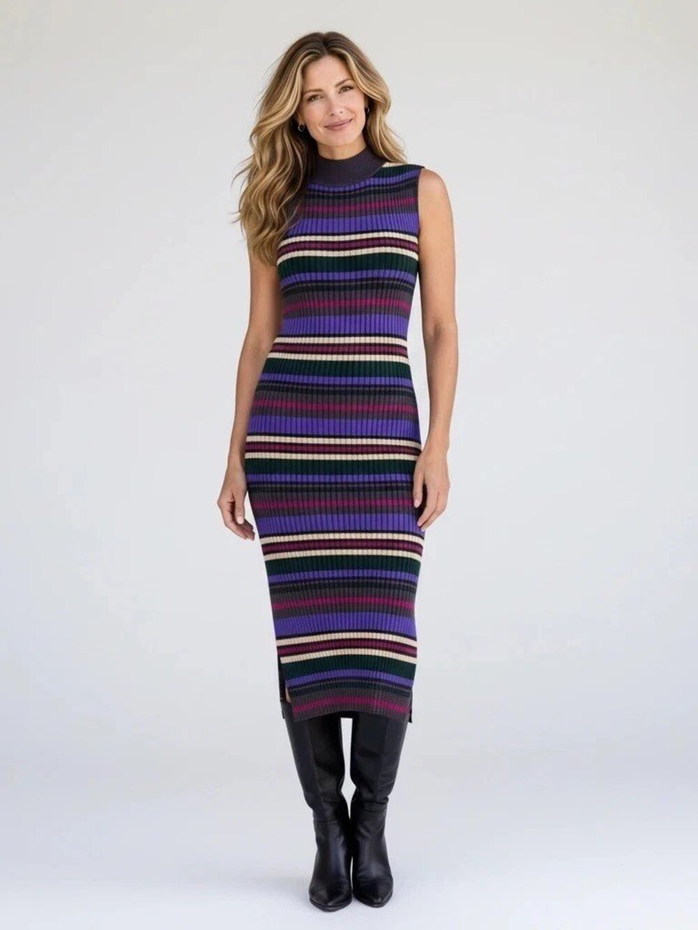 Dolan Left Coast Anne Ribbed Midi Dress Purple Striped Sleeveless Mock Neck Sz L